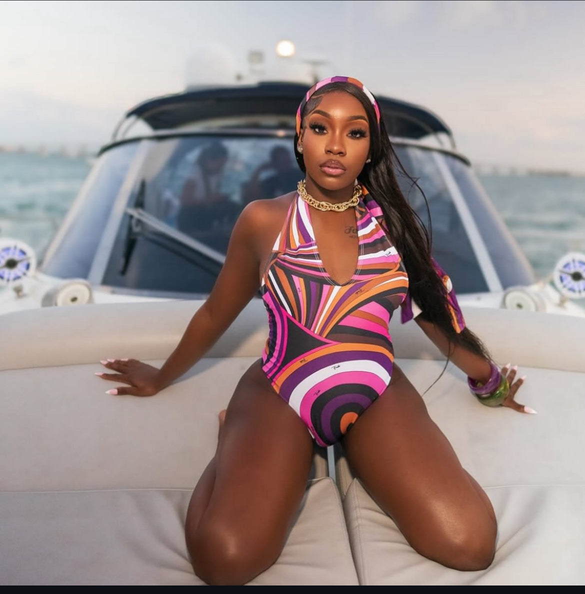 Sunset Baddie Pucci inspired One-Piece Swimsuit with head band scarf